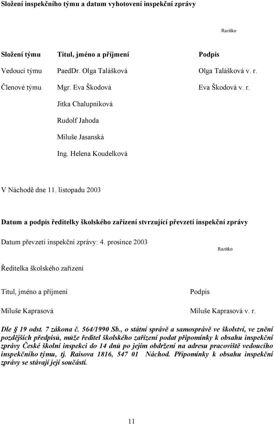 listopadu 2003 Datum a podpis ředitelky školského zařízení stvrzující převzetí inspekční zprávy Datum převzetí inspekční zprávy: 4.