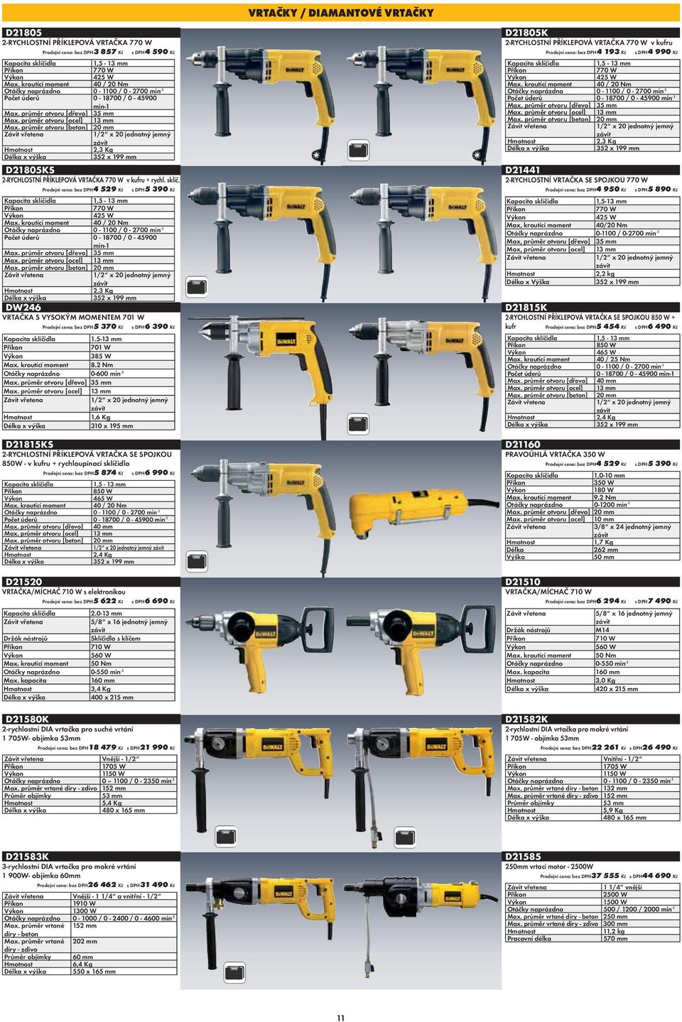 průměr otvoru [beton] 20 mm 1/2 x 20 jednotný jemný závit 2,3 Kg 352 x 199 mm D21805KS 2-RYCHLOSTNÍ PŘÍKLEPOVÁ VRTAČKA 770 W v kufru + rychl. sklíč. : 4 529 Kč s DPH5 390 Kč 1,5-13 mm 770 W 425 W Max.