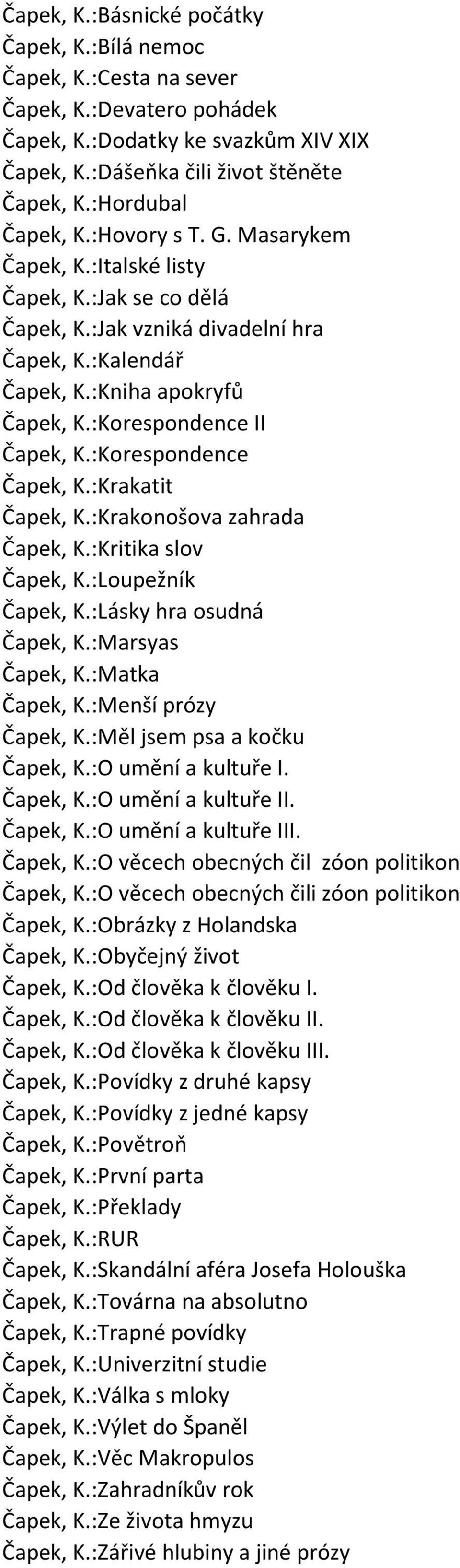 :Korespondence II Čapek, K.:Korespondence Čapek, K.:Krakatit Čapek, K.:Krakonošova zahrada Čapek, K.:Kritika slov Čapek, K.:Loupežník Čapek, K.:Lásky hra osudná Čapek, K.:Marsyas Čapek, K.