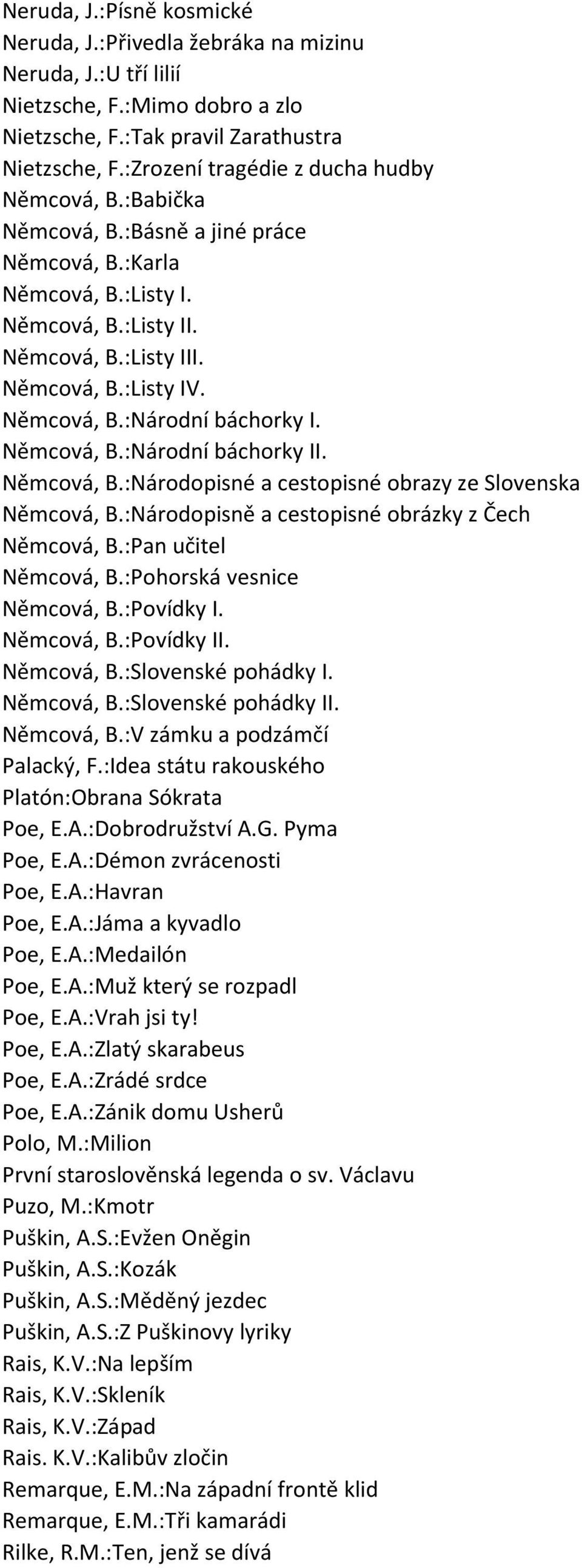 Němcová, B.:Národní báchorky II. Němcová, B.:Národopisné a cestopisné obrazy ze Slovenska Němcová, B.:Národopisně a cestopisné obrázky z Čech Němcová, B.:Pan učitel Němcová, B.