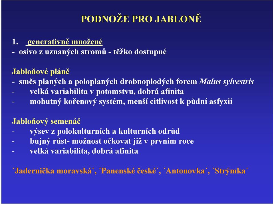 drobnoplodých forem Malus sylvestris - velká variabilita v potomstvu, dobrá afinita - mohutný kořenový systém, menší