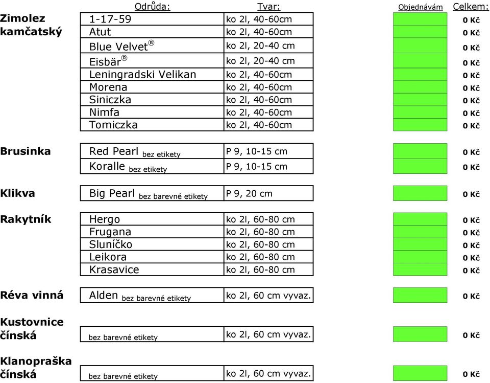 10-15 cm 0 Kč Klikva Big Pearl bez barevné etikety P 9, 20 cm 0 Kč Rakytník Hergo ko 2l, 60-80 cm 0 Kč Frugana ko 2l, 60-80 cm 0 Kč Sluníčko ko 2l, 60-80 cm 0 Kč Leikora ko 2l, 60-80 cm 0 Kč