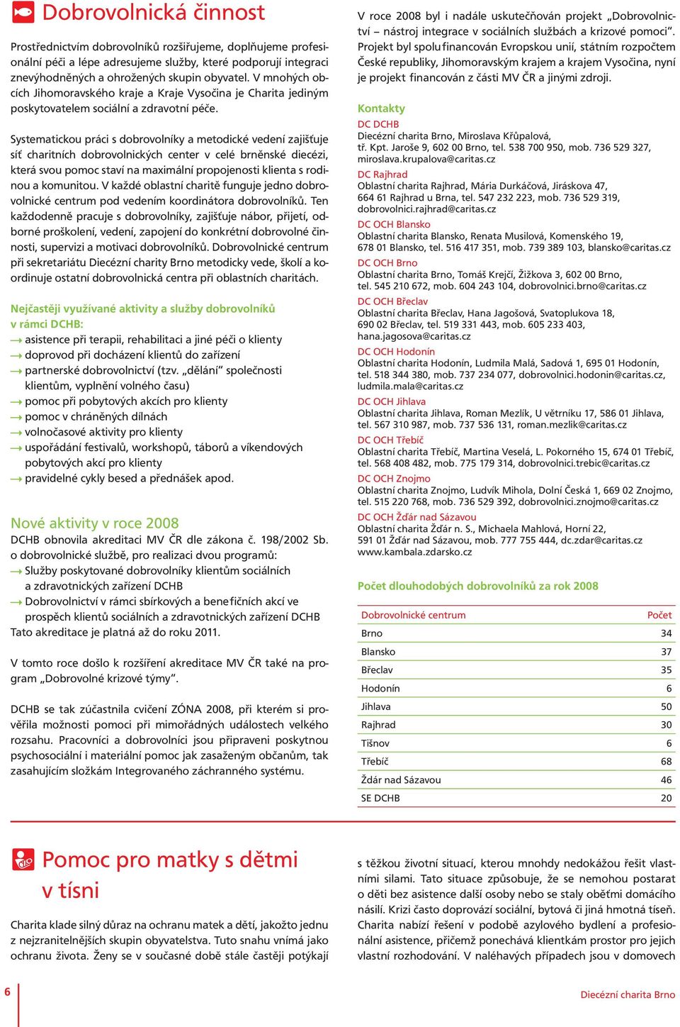 Systematickou práci s dobrovolníky a metodické vedení zajišťuje síť charitních dobrovolnických center v celé brněnské diecézi, která svou pomoc staví na maximální propojenosti klienta s rodinou a