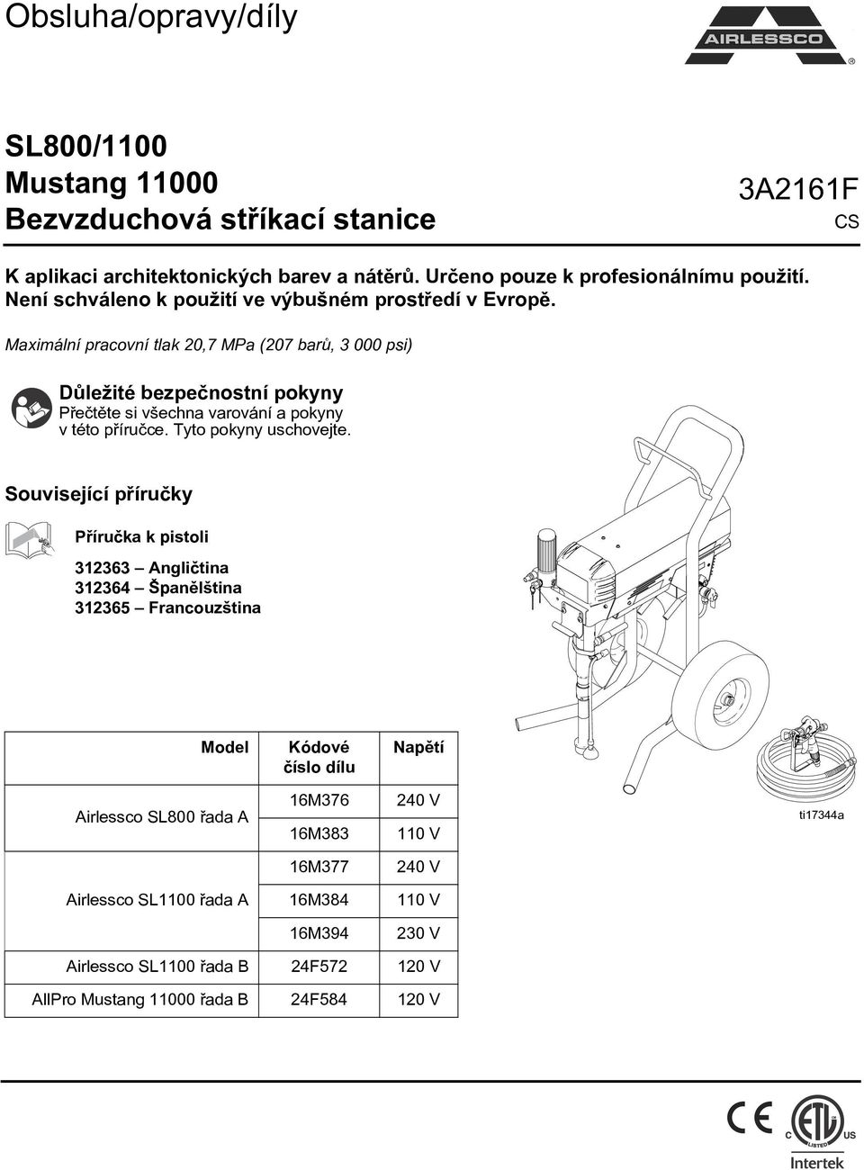 Maximální pracovní tlak 20,7 MPa (207 barù, 3 000 psi) Dùležité bezpeènostní pokyny Pøeètìte si všechna varování a pokyny v této pøíruèce. Tyto pokyny uschovejte.