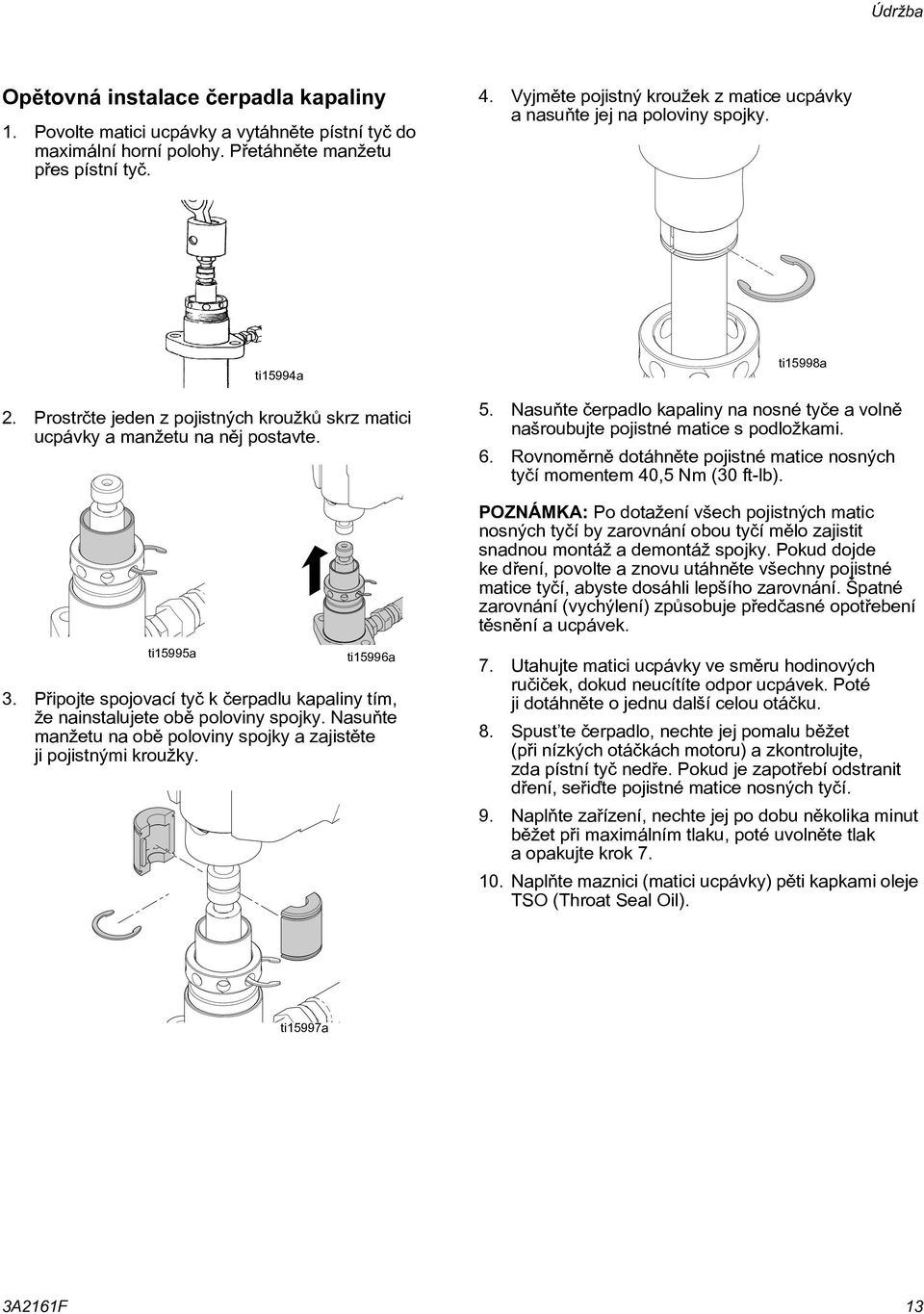 Nasuòte èerpadlo kapaliny na nosné tyèe a volnì našroubujte pojistné matice s podložkami. 6. Rovnomìrnì dotáhnìte pojistné matice nosných tyèí momentem 40,5 Nm (30 ft-lb).