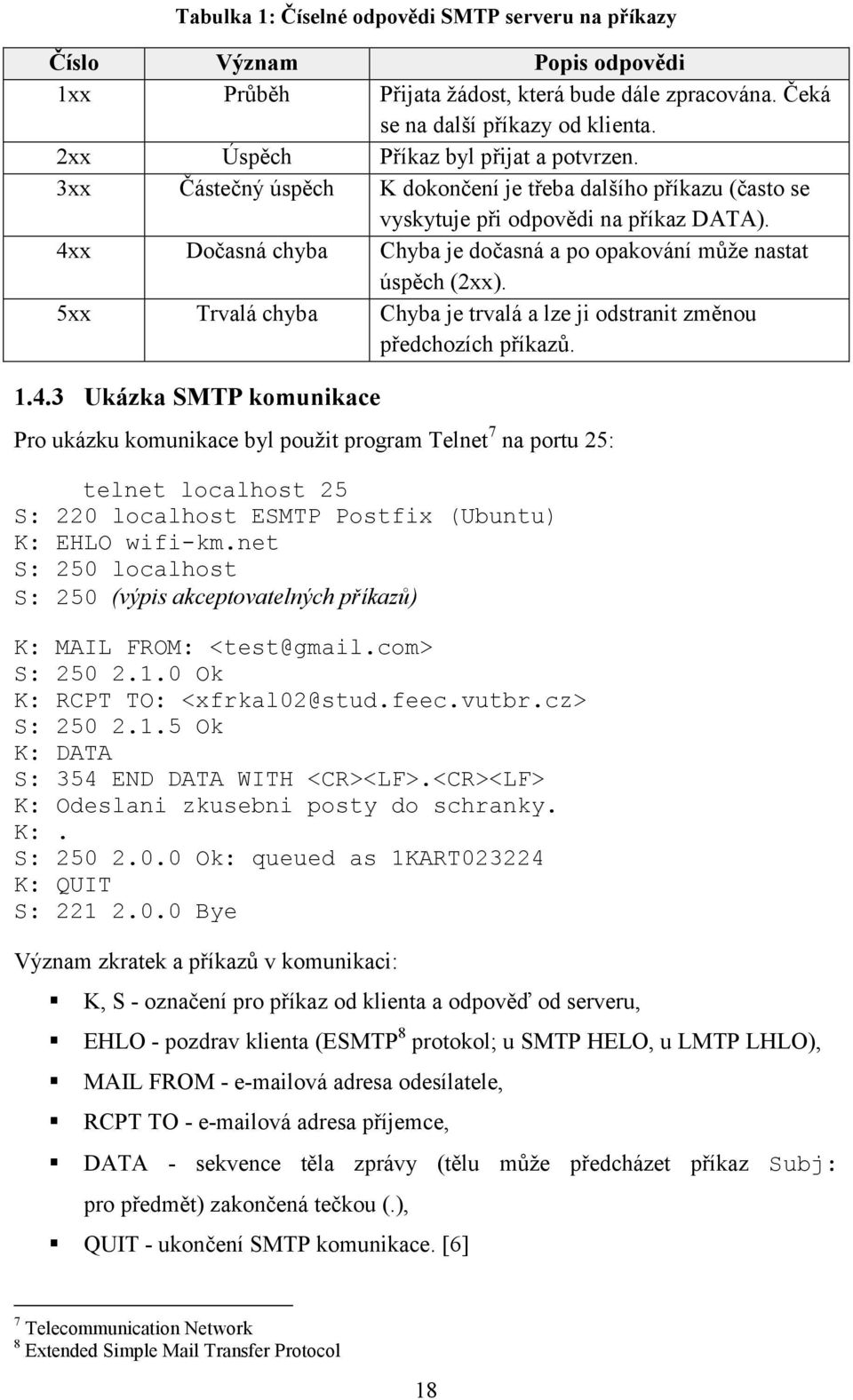4xx Dočasná chyba Chyba je dočasná a po opakování může nastat úspěch (2xx). 5xx Trvalá chyba Chyba je trvalá a lze ji odstranit změnou předchozích příkazů. 1.4.3 Ukázka SMTP komunikace Pro ukázku komunikace byl použit program Telnet 7 na portu 25: telnet localhost 25 S: 220 localhost ESMTP Postfix (Ubuntu) K: EHLO wifi-km.
