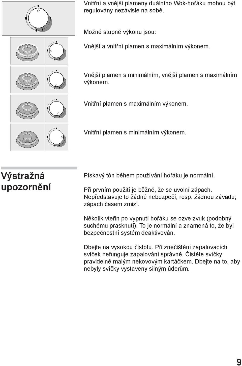 Výstražná upozornění Pískavý tón během používání hořáku je normální. Při prvním použití je běžné, že se uvolní zápach. Nepředstavuje to žádné nebezpečí, resp. žádnou závadu; zápach časem zmizí.