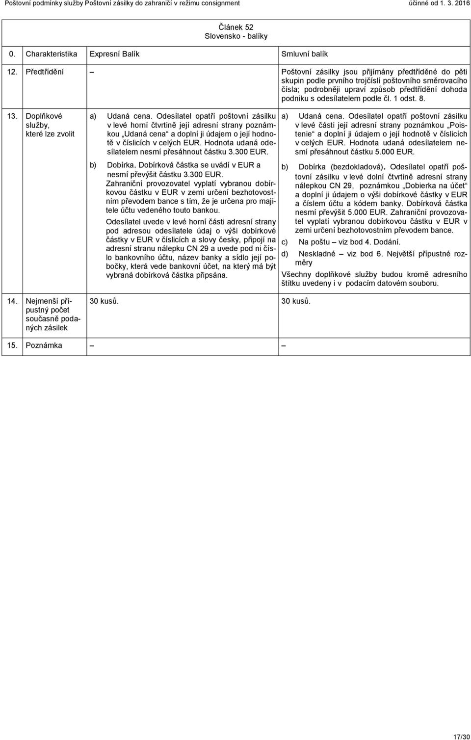čl. 1 odst. 8. 13. Doplňkové služby, které lze zvolit 14. Nejmenší přípustný počet současně podaných zásilek a) Udaná cena.