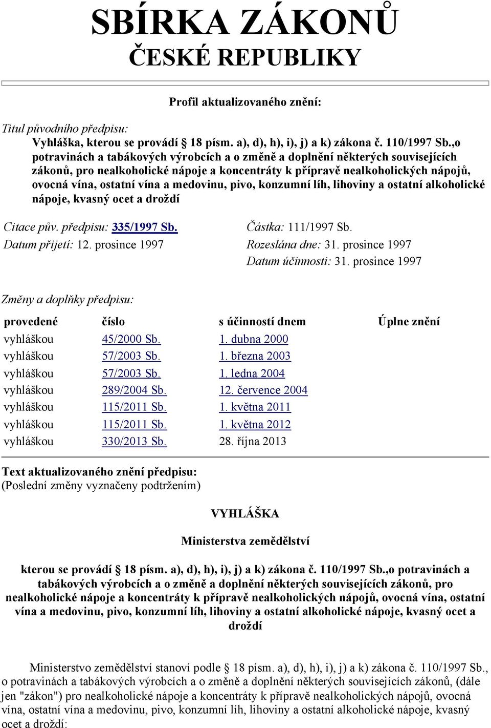 medovinu, pivo, konzumní líh, lihoviny a ostatní alkoholické nápoje, kvasný ocet a droždí Citace pův. předpisu: 335/1997 Sb. Částka: 111/1997 Sb. Datum přijetí: 12. prosince 1997 Rozeslána dne: 31.