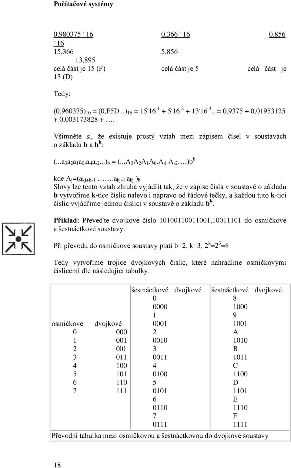 a kj+l a kj ) b Slovy lze tento vztah zhruba vyjádřit tak, že v zápise čísla v soustavě o základu b vytvoříme k-tice číslic nalevo i napravo od řádové tečky, a každou tuto k-tici číslic vyjádříme