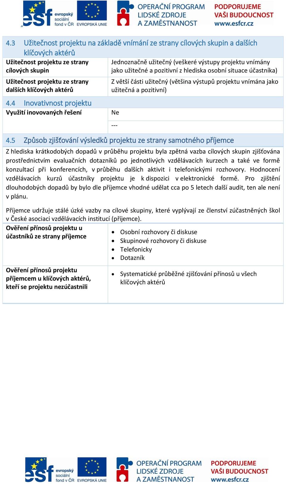 4 Inovativnost projektu Využití inovovaných řešení Z větší části užitečný (většina výstupů projektu vnímána jako užitečná a pozitivní) Ne --- 4.