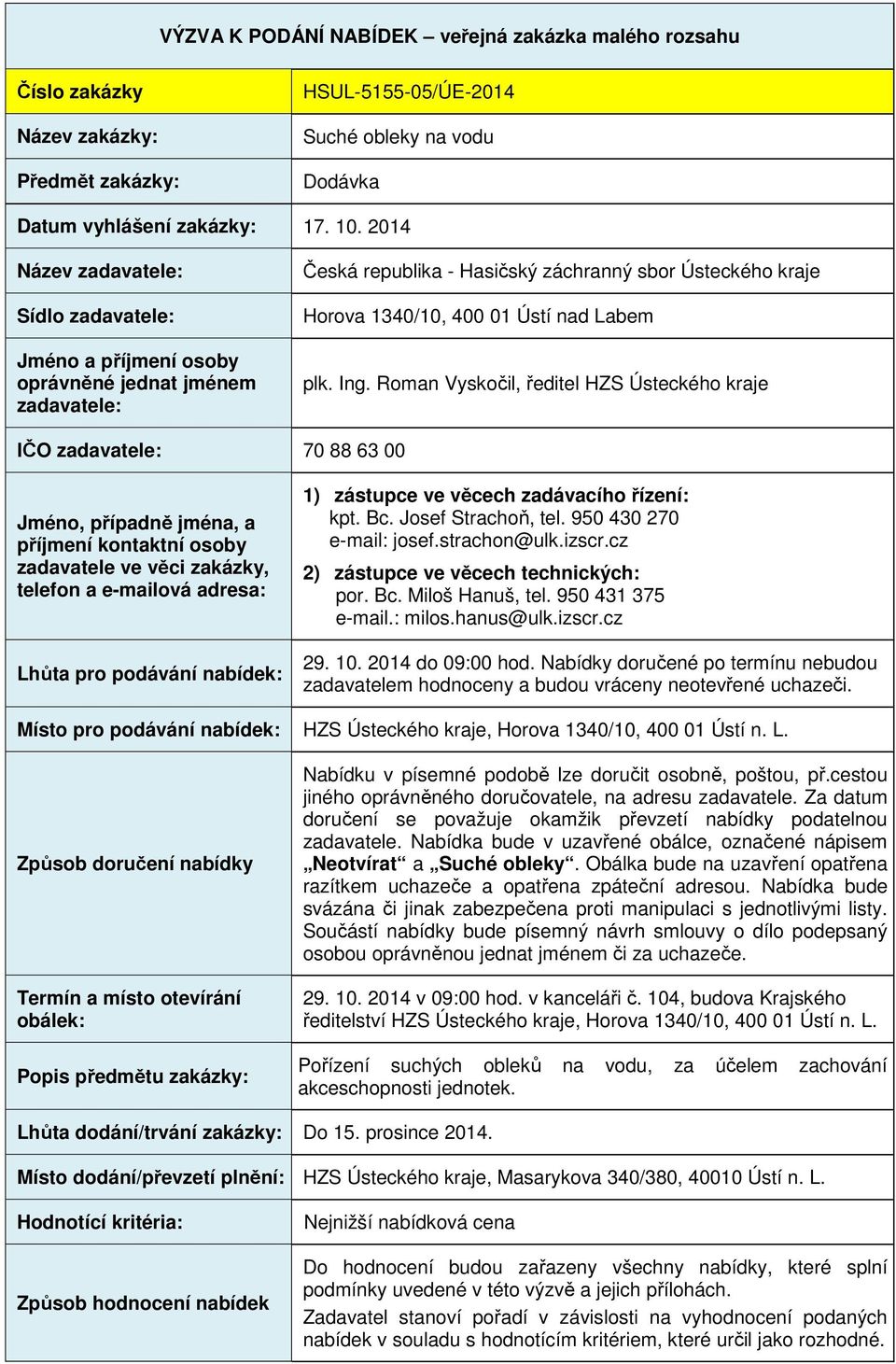 Ing. Roman Vyskočil, ředitel HZS Ústeckého kraje IČO zadavatele: 70 88 63 00 Jméno, případně jména, a příjmení kontaktní osoby zadavatele ve věci zakázky, telefon a e-mailová adresa: Lhůta pro