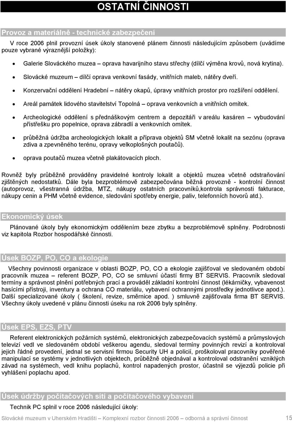 Konzervační oddělení Hradební nátěry okapů, úpravy vnitřních prostor pro rozšíření oddělení. Areál památek lidového stavitelství Topolná oprava venkovních a vnitřních omítek.