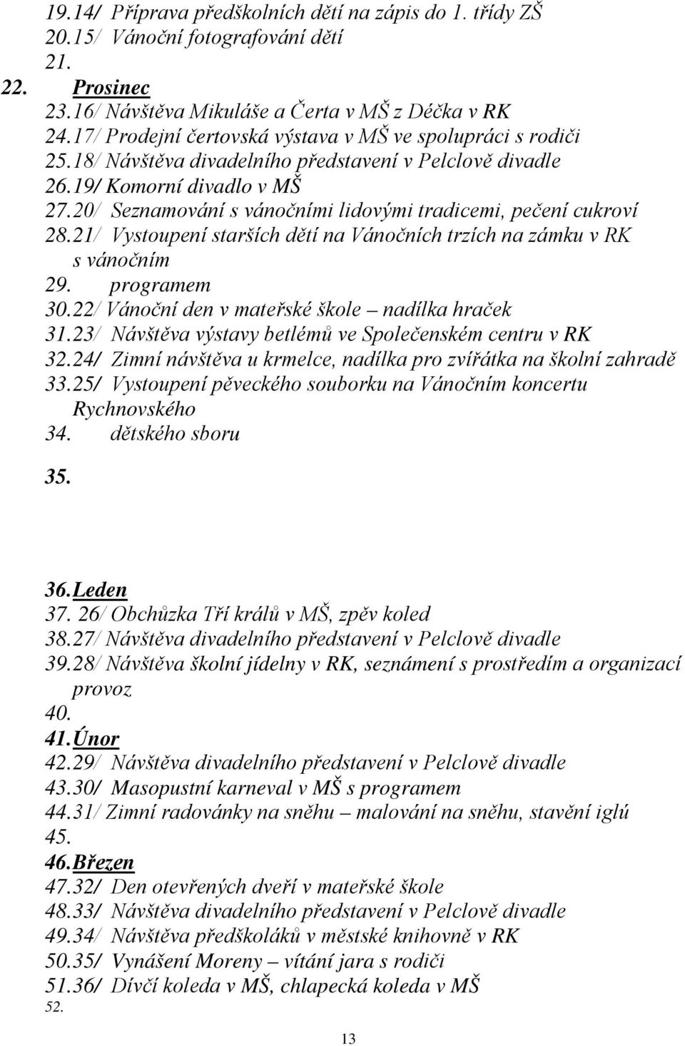 20/ Seznamování s vánočními lidovými tradicemi, pečení cukroví 28. 21/ Vystoupení starších dětí na Vánočních trzích na zámku v RK s vánočním 29. programem 30.