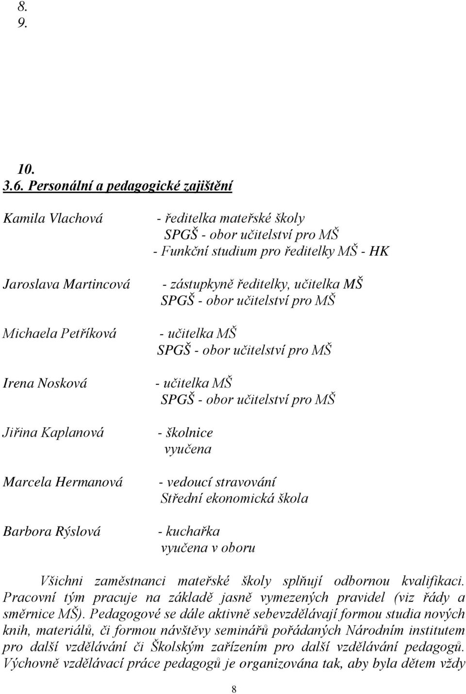 učitelství pro MŠ - Funkční studium pro ředitelky MŠ - HK - zástupkyně ředitelky, učitelka MŠ SPGŠ - obor učitelství pro MŠ - učitelka MŠ SPGŠ - obor učitelství pro MŠ - učitelka MŠ SPGŠ - obor