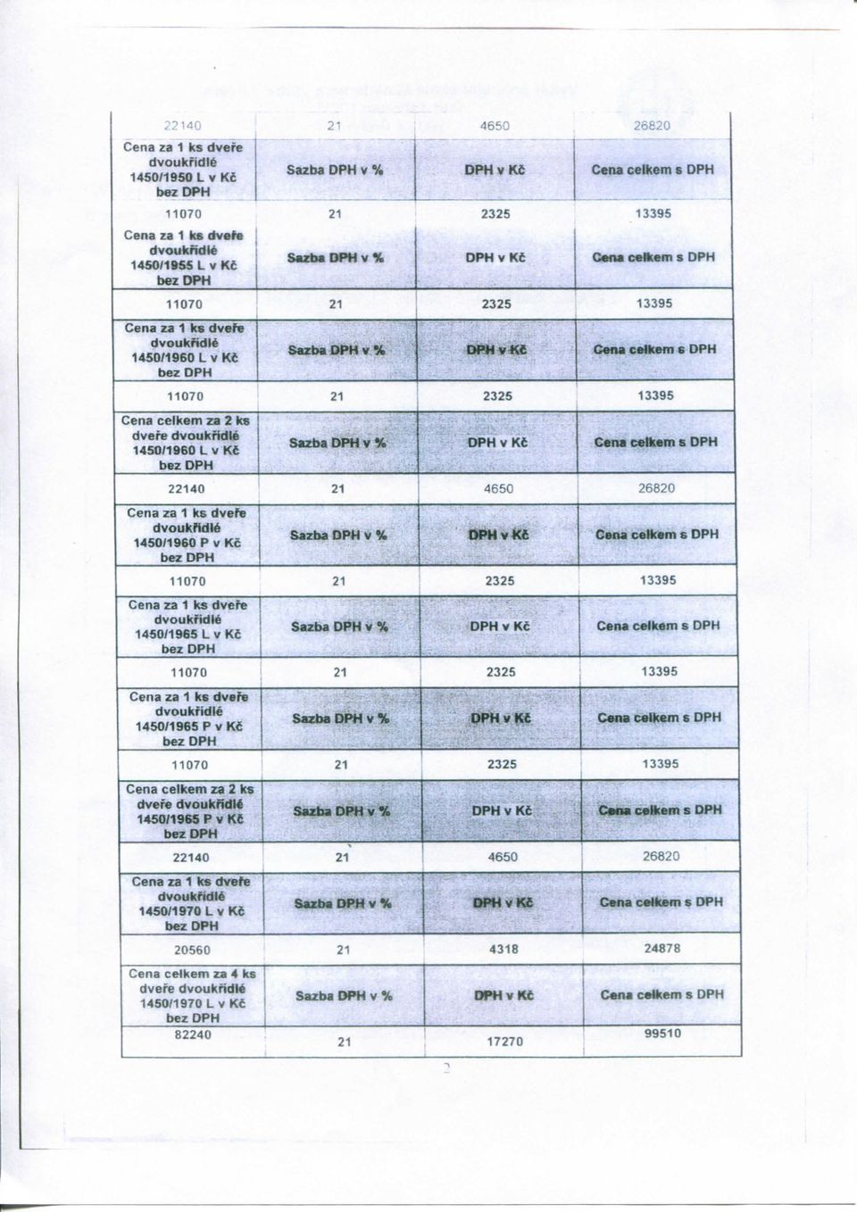 26820 Cena za 1 ks dvefe 1450/1960 P v Kc Sazba DPH v % DPHvKi Cena cehcem s DPH 11070 21 2325 13395 Cena za 1 ks dvefe 1450/1965 L V Ke 11070 Cena za 1 ks dvefe 1450/1965 PvKe { Sazba DPH v % DPH V