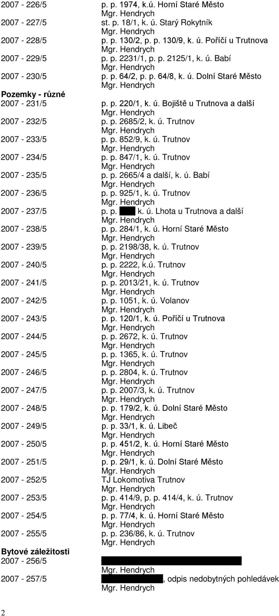 p. 847/1, k. ú. Trutnov 2007-235/5 p. p. 2665/4 a další, k. ú. Babí 2007-236/5 p. p. 925/1, k. ú. Trutnov 2007-237/5 p. p. k. ú. Lhota u Trutnova a další 2007-238/5 p. p. 284/1, k. ú. Horní Staré Město 2007-239/5 p.