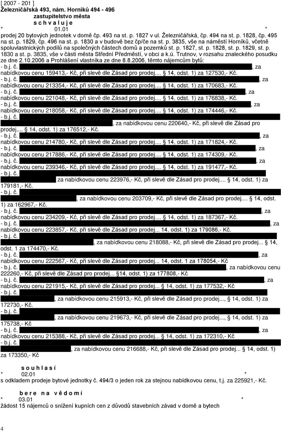 ú. Trutnov, v rozsahu znaleckého posudku ze dne 2.10.2006 a Prohlášení vlastníka ze dne 8.8.2006, těmto nájemcům bytů: nabídkovou cenu 159413,- Kč, při slevě dle Zásad pro prodej... 14, odst.