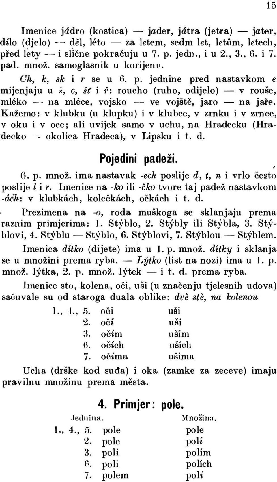 jednine pred nastavkom e šť i ř: roucho (ruho, odijelo) - v rouše, r mléko -- na mléce, vojsko - ve vojště, jaro - na jaře.