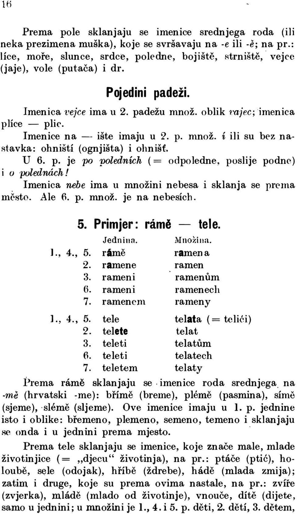 oblik mjec; imenica Imenice na -- ište imaju u '2. p. množ. í ili su bez na stavka: ohniští (ognjišta) i ohnišť. i u U 6. p. je po poledních ( polednách! Imenica nebe ima u množini = m sto.