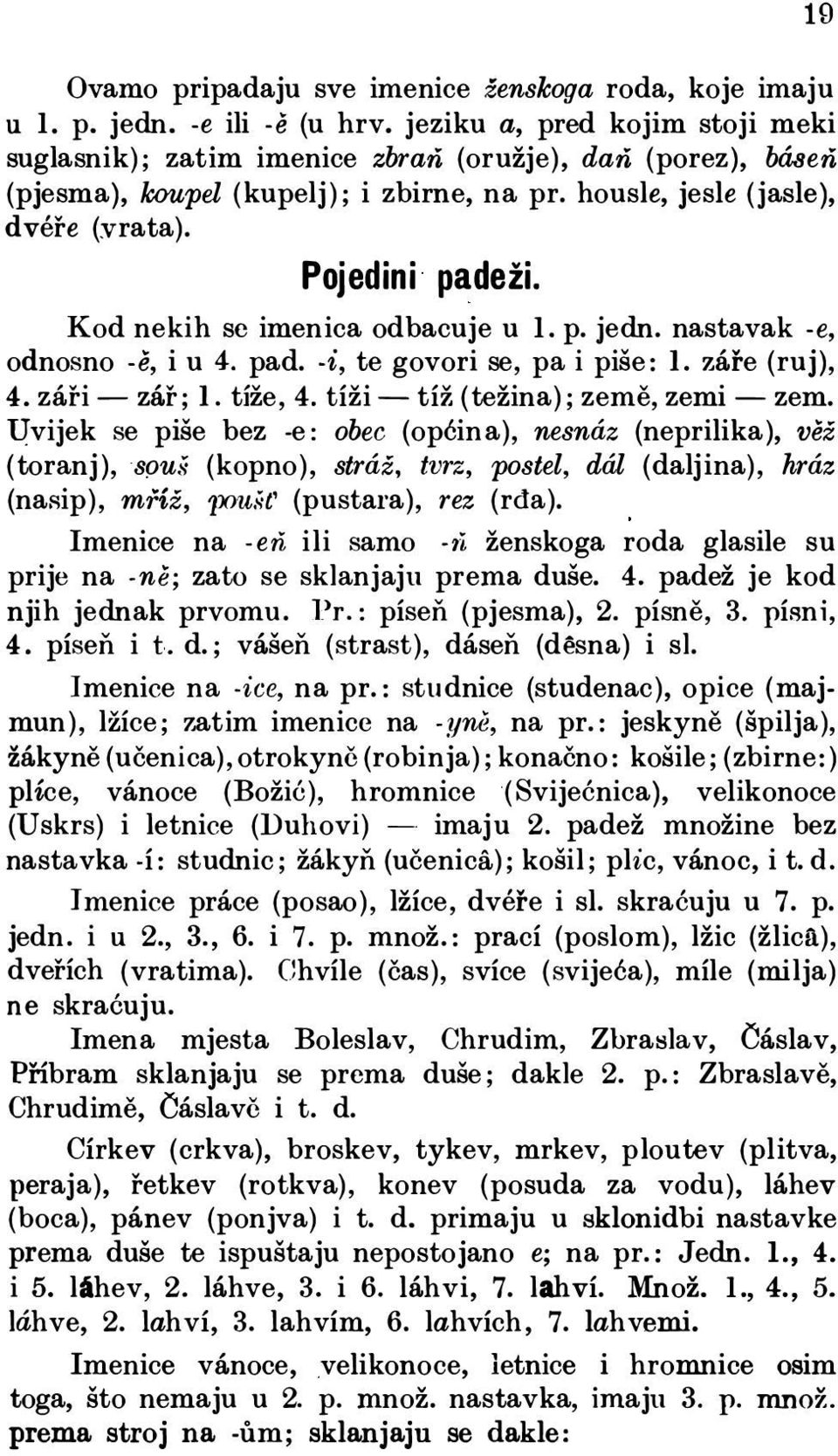 Kod nekih se imenica odbacuje u 1. p. jedn. nastavak -e, odnosno -ě, i u 4. pad. -i, te govori se, pa i piše : I. záře (ruj}, 4. záři - zář ; I. tíže, 4. tíži - tíž ( težina) ; země, zemi- zem.