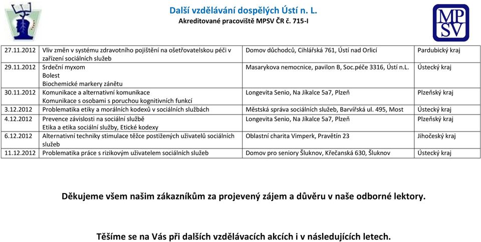 495, Most Ústecký kraj 4.12.2012 Prevence závislosti na sociální službě Etika a etika sociální služby, Etické kodexy 6.12.2012 Alternativní techniky stimulace těžce postižených uživatelů sociálních Oblastní charita Vimperk, Pravětín 23 Jihočeský kraj služeb 11.