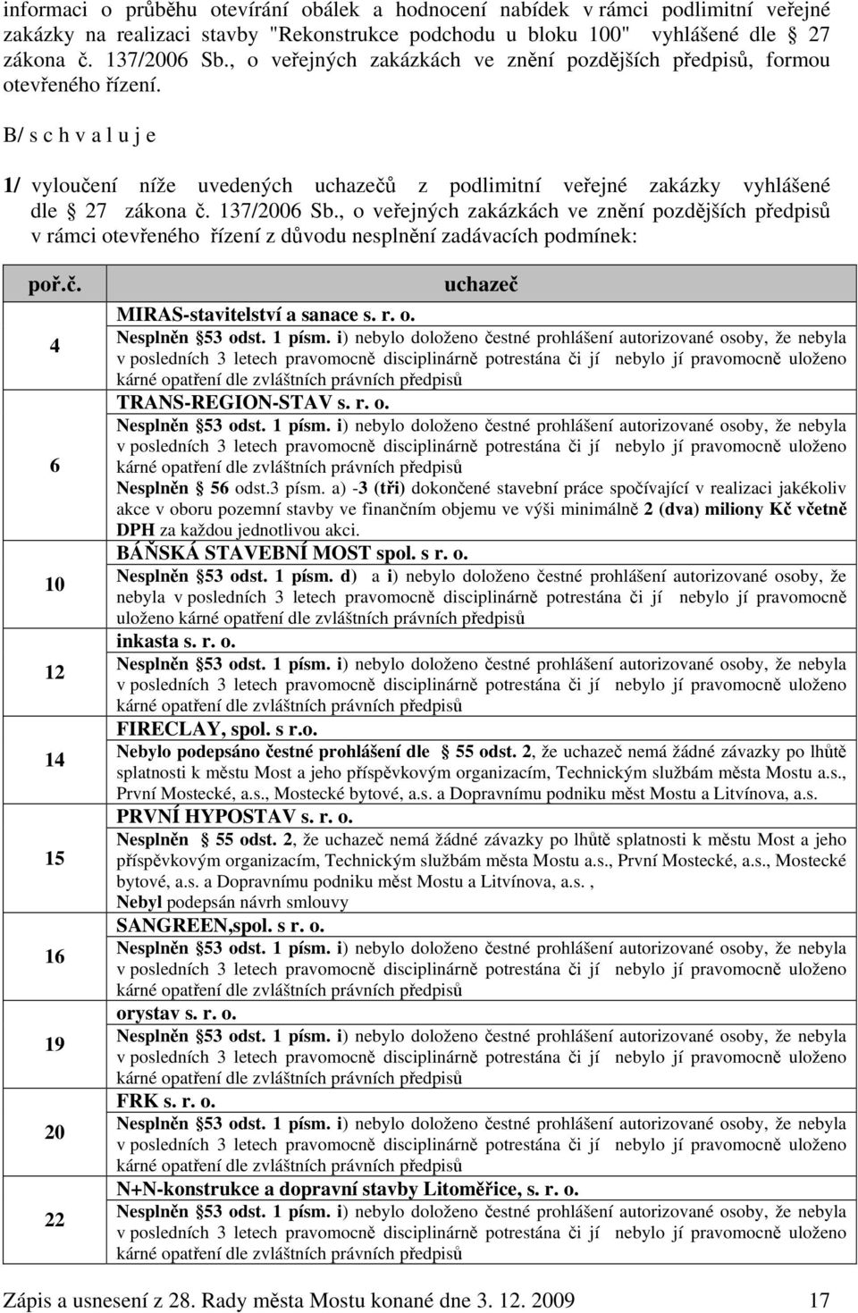 137/2006 Sb., o veřejných zakázkách ve znění pozdějších předpisů v rámci otevřeného řízení z důvodu nesplnění zadávacích podmínek: poř.č.