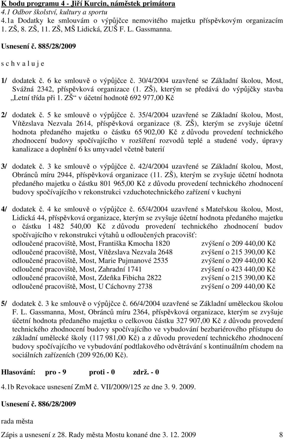 30/4/2004 uzavřené se Základní školou, Most, Svážná 2342, příspěvková organizace (1. ZŠ), kterým se předává do výpůjčky stavba Letní třída při 1. ZŠ v účetní hodnotě 692 977,00 Kč 2/ dodatek č.