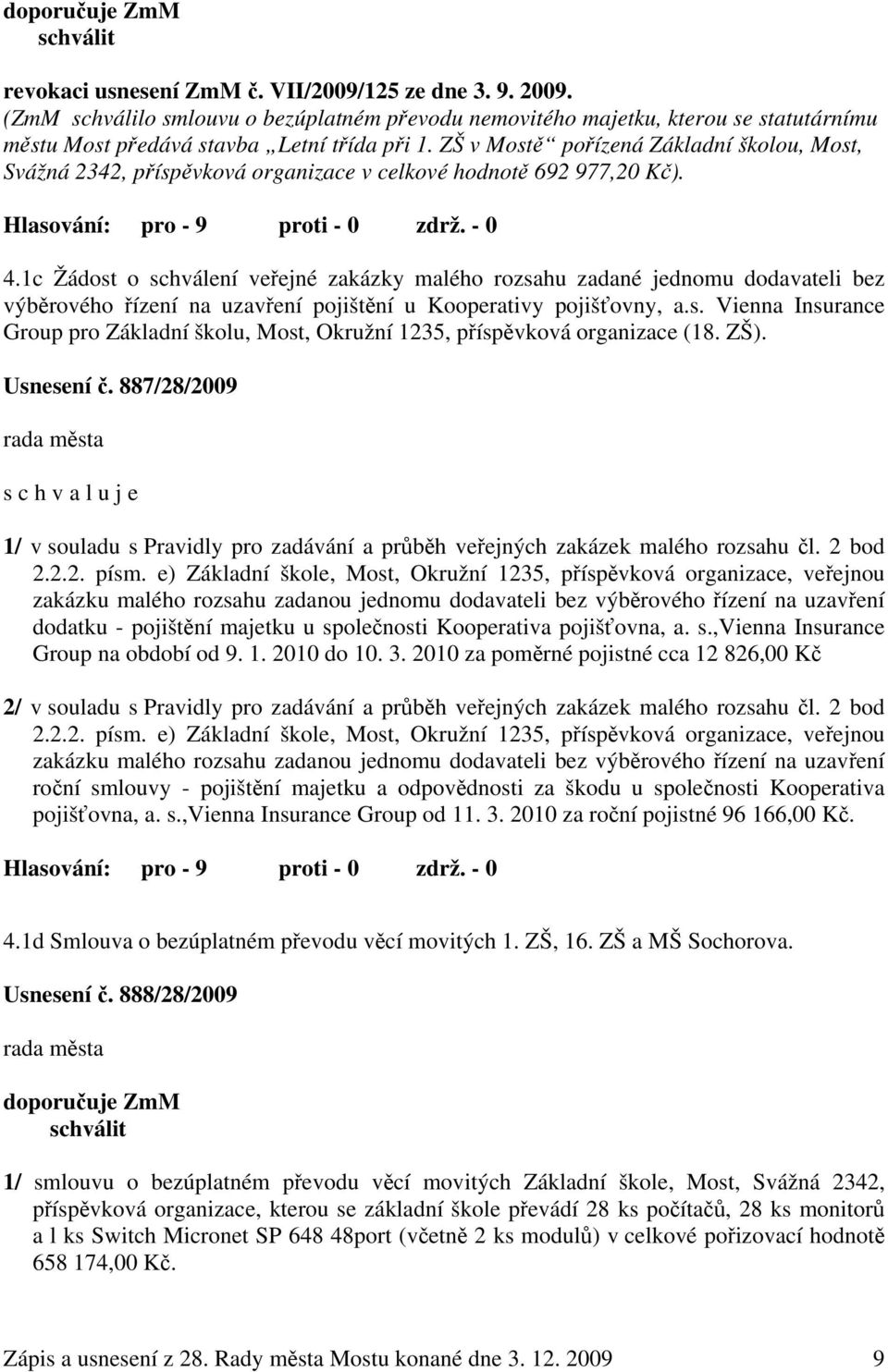 ZŠ v Mostě pořízená Základní školou, Most, Svážná 2342, příspěvková organizace v celkové hodnotě 692 977,20 Kč). Hlasování: pro - 9 proti - 0 zdrž. - 0 4.