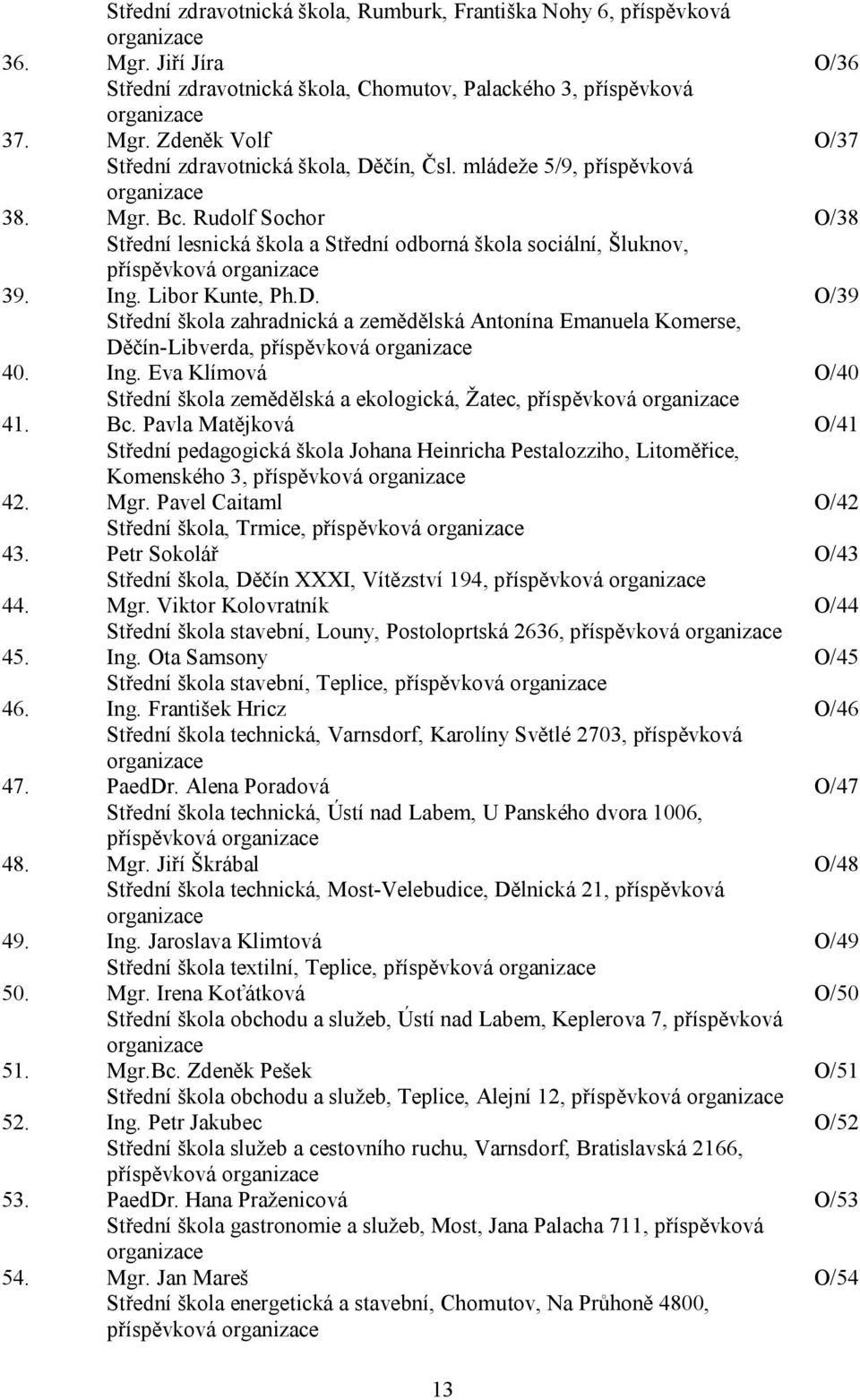 Střední škola zahradnická a zemědělská Antonína Emanuela Komerse, Děčín-Libverda, příspěvková organizace 40. Ing. Eva Klímová Střední škola zemědělská a ekologická, Žatec, příspěvková organizace 41.