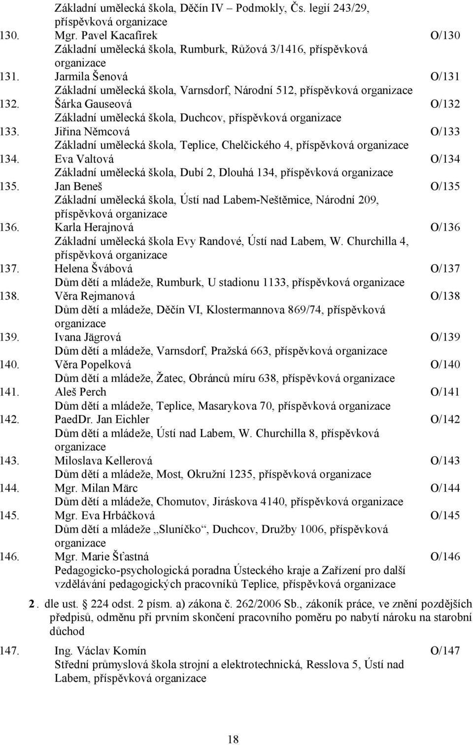 Jiřina Němcová Základní umělecká škola, Teplice, Chelčického 4, příspěvková organizace 134. Eva Valtová Základní umělecká škola, Dubí 2, Dlouhá 134, příspěvková organizace 135.