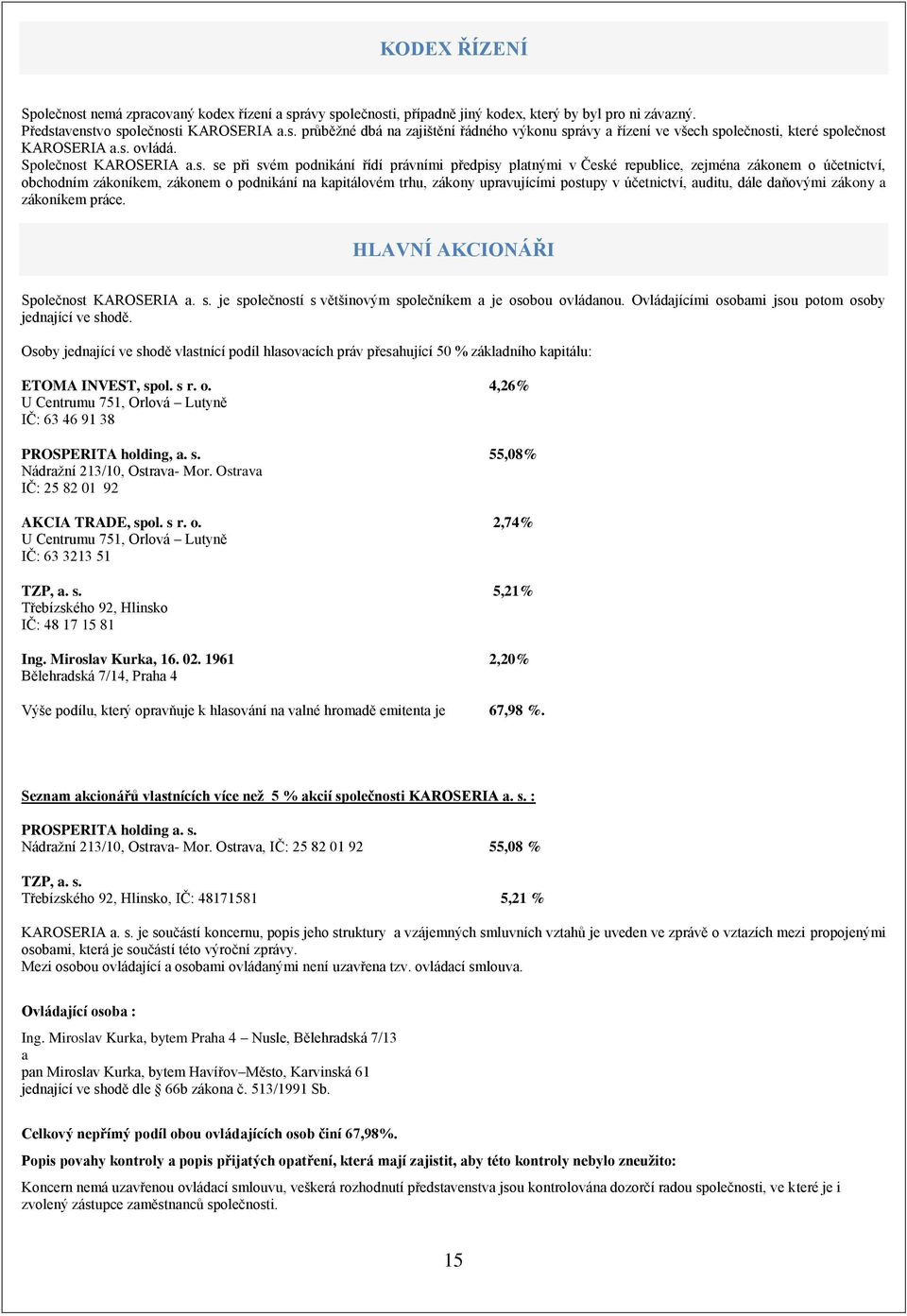 trhu, zákony upravujícími postupy v účetnictví, auditu, dále daňovými zákony a zákoníkem práce. HLAVNÍ AKCIONÁŘI Společnost KAROSERIA a. s.