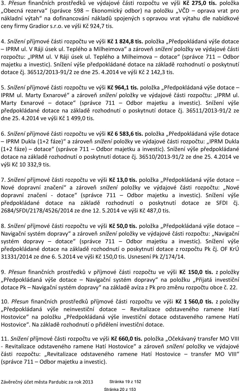 4. Snížení příjmové části rozpočtu ve výši Kč 1 824,8 tis. položka Předpokládaná výše dotace IPRM ul. V Ráji úsek ul.