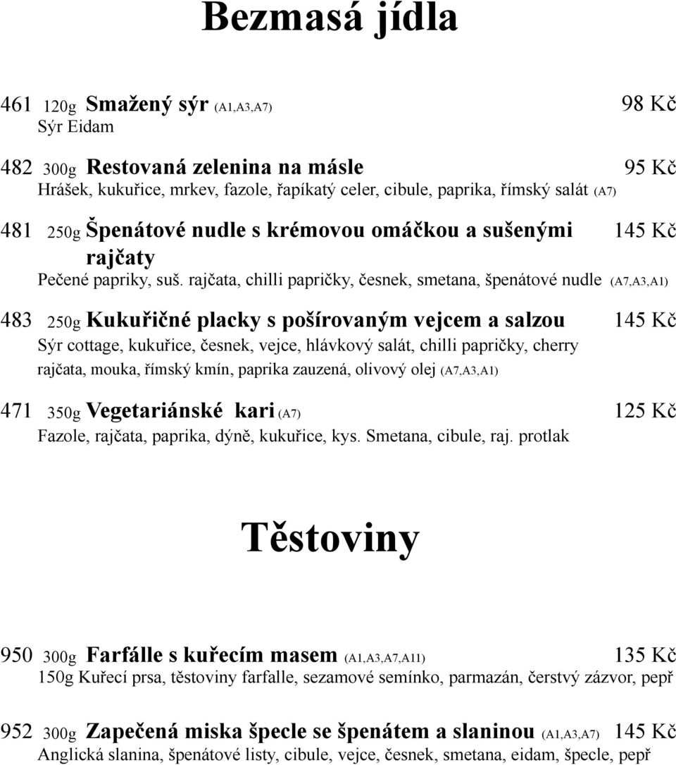 rajčata, chilli papričky, česnek, smetana, špenátové nudle (A7,A3,A1) 483 250g Kukuřičné placky s pošírovaným vejcem a salzou 145 Kč Sýr cottage, kukuřice, česnek, vejce, hlávkový salát, chilli