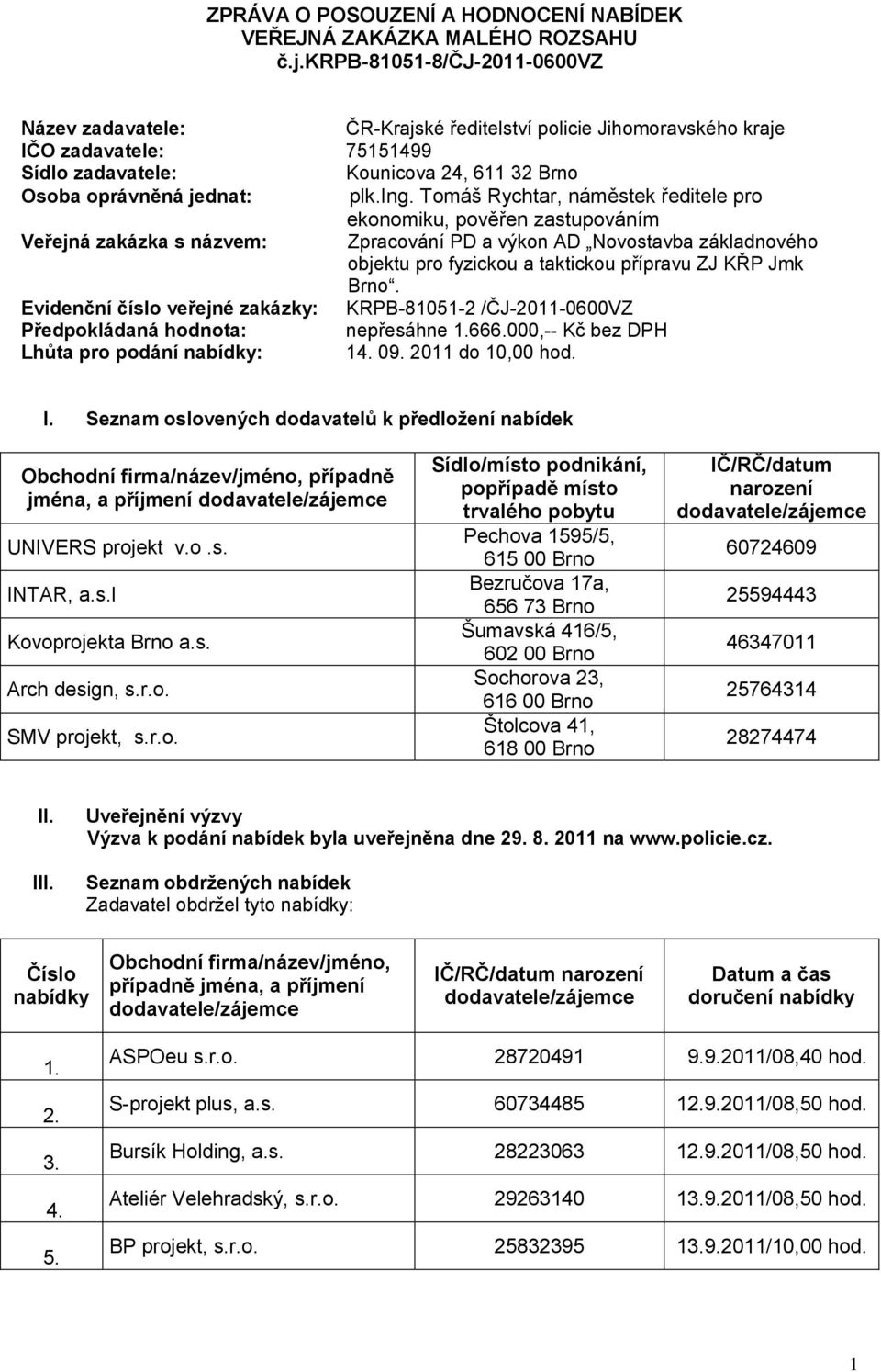 Tomáš Rychtar, náměstek ředitele pro ekonomiku, pověřen zastupováním Veřejná zakázka s názvem: Zpracování PD a výkon AD Novostavba základnového objektu pro fyzickou a taktickou přípravu ZJ KŘP Jmk