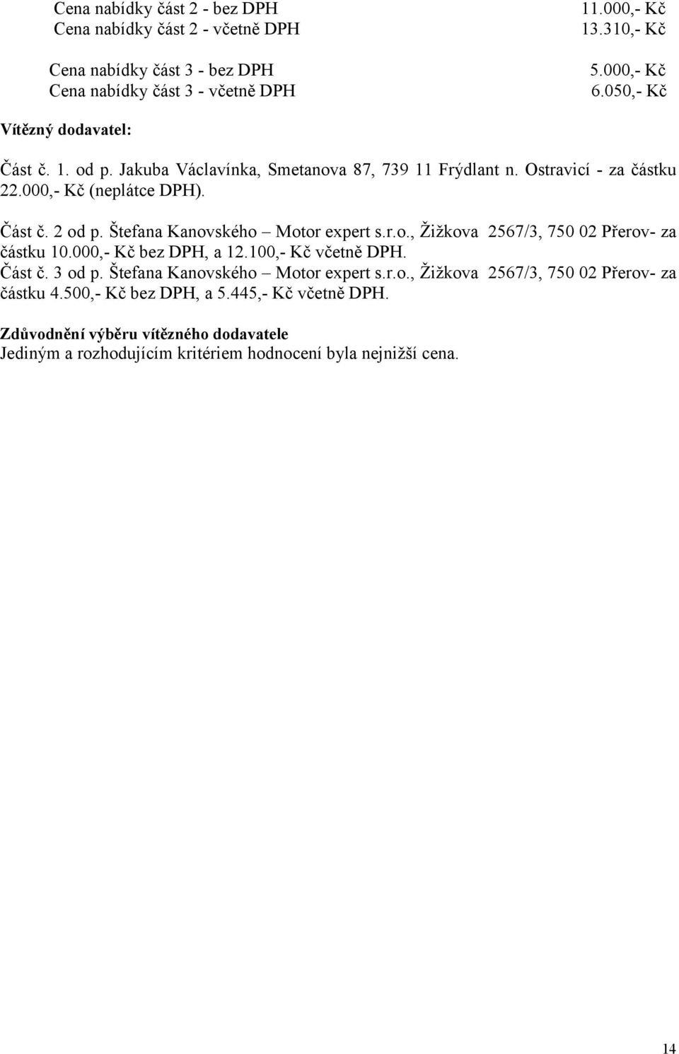 Štefana Kanovského Motor expert s.r.o., Žižkova 2567/3, 750 02 Přerov- za částku 10.000,- Kč bez DPH, a 12.100,- Kč včetně DPH. Část č. 3 od p.