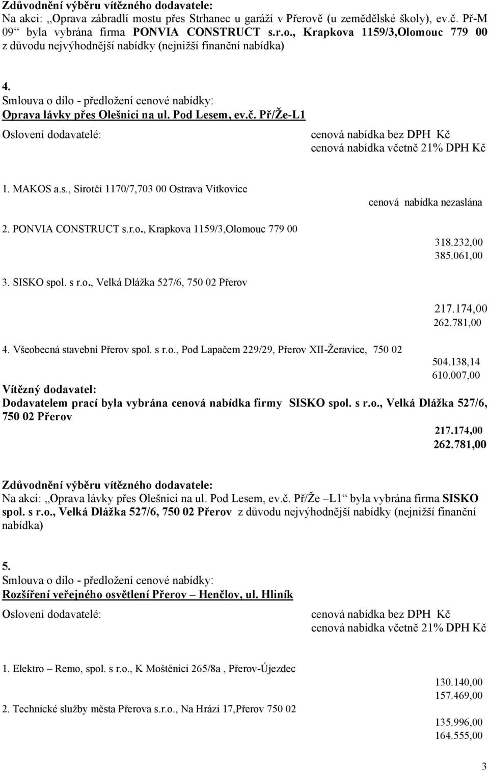 232,00 385.061,00 3. SISKO spol. s r.o., Velká Dlážka 527/6, 750 02 Přerov 217.174,00 262.781,00 4. Všeobecná stavební Přerov spol. s r.o., Pod Lapačem 229/29, Přerov XII-Žeravice, 750 02 504.