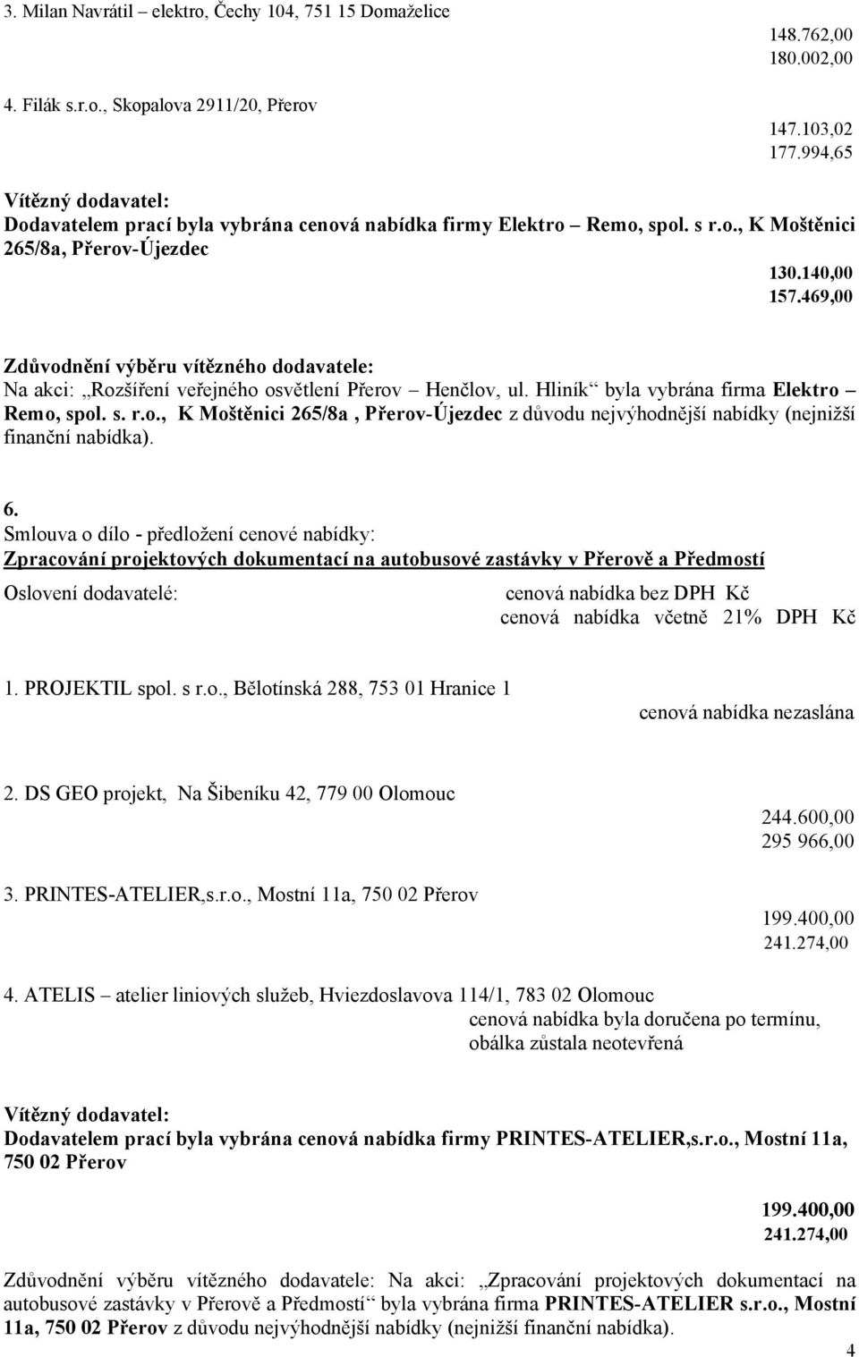 469,00 Na akci: Rozšíření veřejného osvětlení Přerov Henčlov, ul. Hliník byla vybrána firma Elektro Remo, spol. s. r.o., K Moštěnici 265/8a, Přerov-Újezdec z důvodu nejvýhodnější nabídky (nejnižší finanční nabídka).