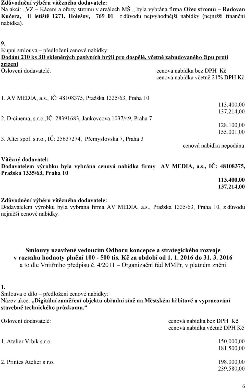 400,00 137.214,00 2. D-cinema, s.r.o.,ič: 28391683, Jankovcova 1037/49, Praha 7 128.100,00 155.001,00 3. Altei spol. s.r.o., IČ: 25637274, Přemyslovská 7, Praha 3 cenová nabídka nepodána Dodavatelem výrobku byla vybrána cenová nabídka firmy AV MEDIA, a.