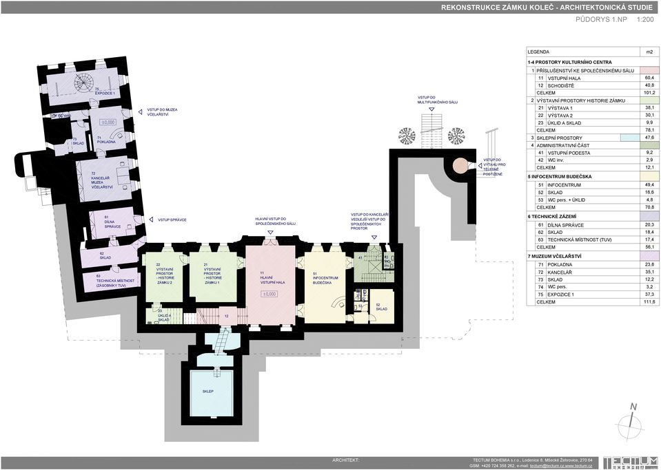 CELKEM 78,1 73 SKLAD 71 POKLADNA 3 SKLEPNÍ PROSTORY 47,6 4 ADMINISTRATIVNÍ ČÁST 41 VSTUPNÍ PODESTA 9,2 72 KANCELÁŘ MUZEA VČELAŘSTVÍ VSTUP DO VÝTAHU PRO TĚLESNĚ POSTIŽENÉ 42 WC inv.