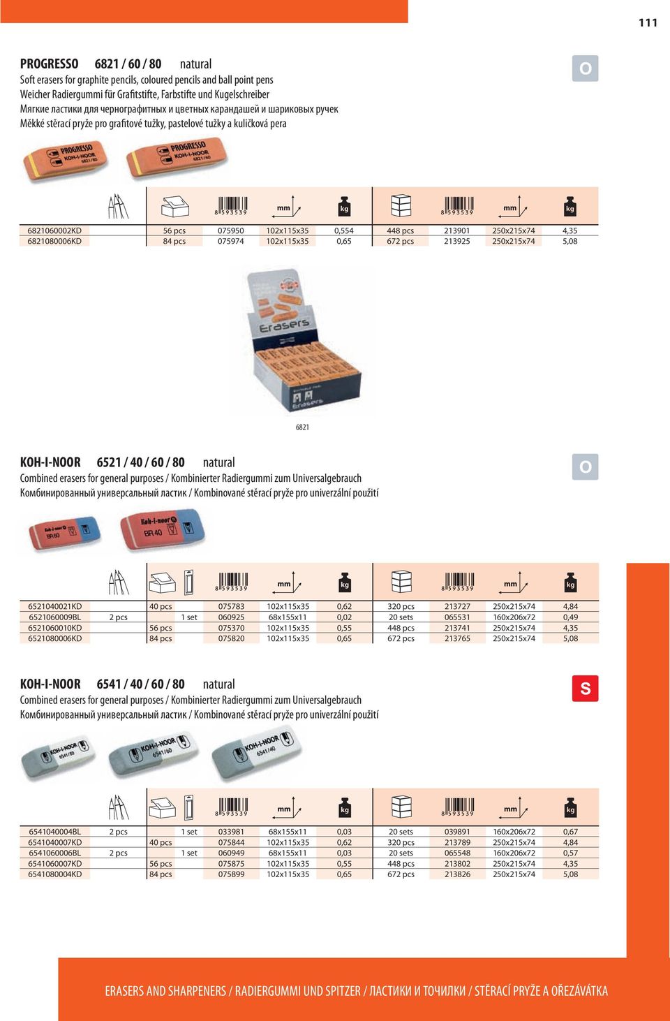 4,35 6821080006KD 84 pcs 075974 102x115x35 0,65 672 pcs 213925 250x215x74 5,08 6821 KOH-I-NOOR 6521 / 40 / 60 / 80 natural Combined erasers for general purposes / Kombinierter Radiergummi zum
