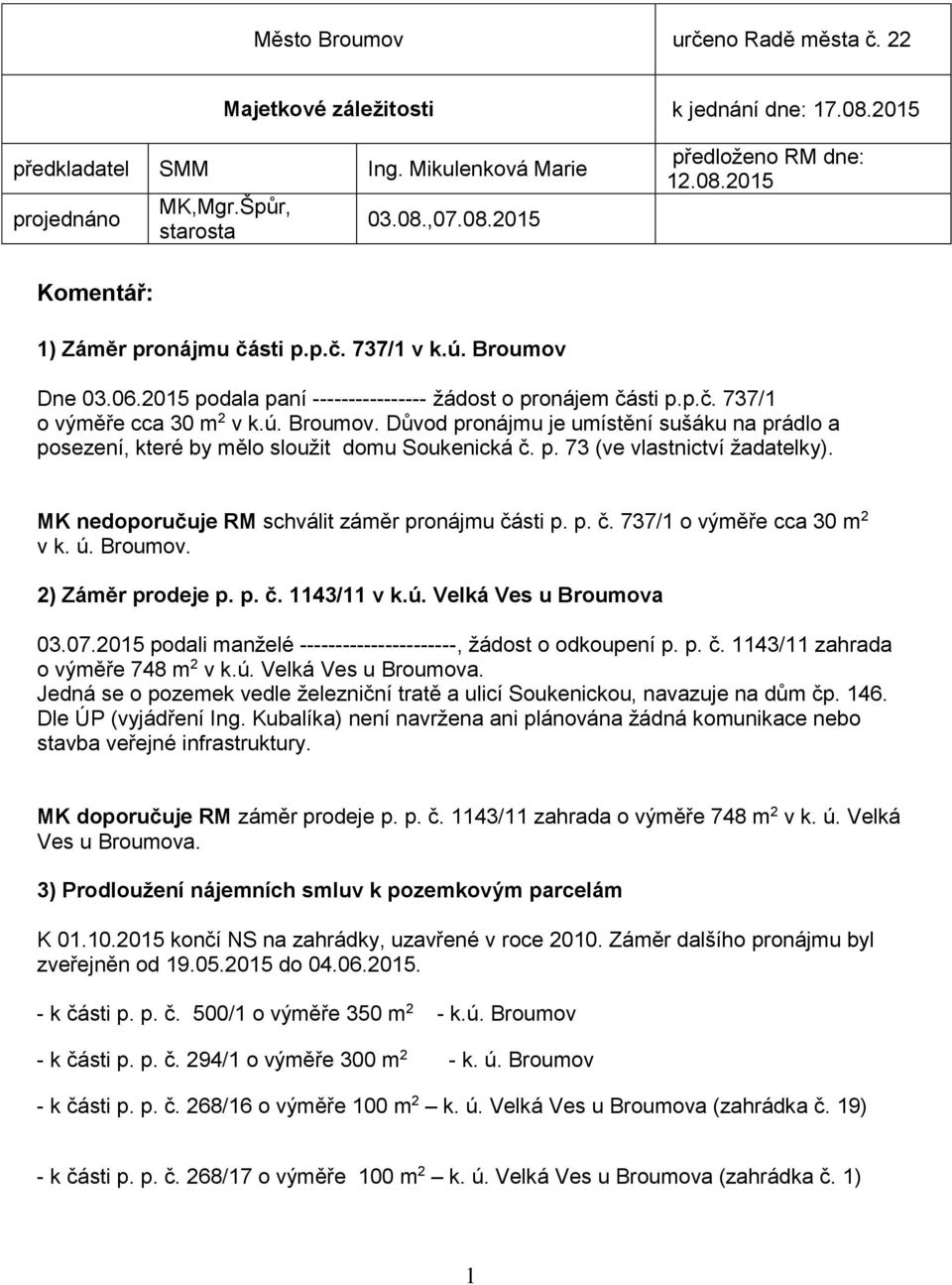 p. 73 (ve vlastnictví žadatelky). MK nedoporučuje RM schválit záměr pronájmu části p. p. č. 737/1 o výměře cca 30 m 2 v k. ú. Broumov. 2) Záměr prodeje p. p. č. 1143/11 v k.ú. Velká Ves u Broumova 03.