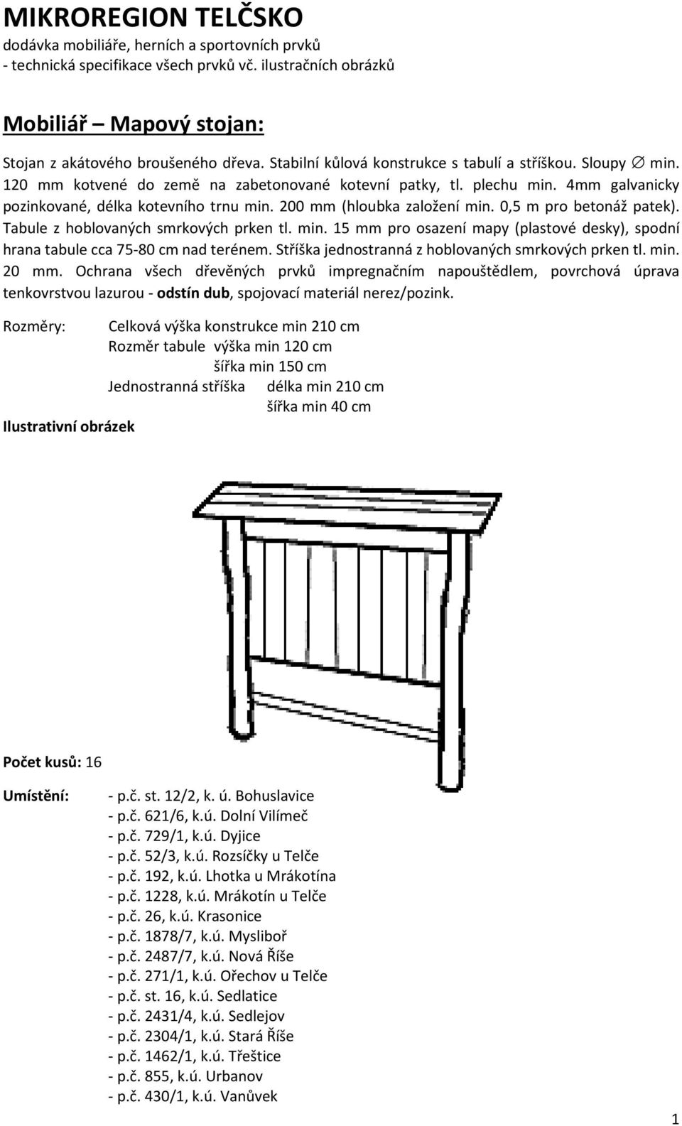 200 mm (hloubka založení min. 0,5 m pro betonáž patek). Tabule z hoblovaných smrkových prken tl. min. 15 mm pro osazení mapy (plastové desky), spodní hrana tabule cca 75-80 cm nad terénem.