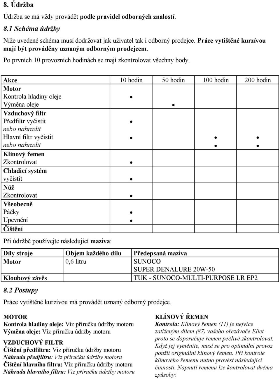 Akce 10 hodin 50 hodin 100 hodin 200 hodin Motor Kontrola hladiny oleje Výměna oleje Vzduchový filtr Předfiltr vyčistit nebo nahradit Hlavní filtr vyčistit nebo nahradit Klínový řemen Zkontrolovat