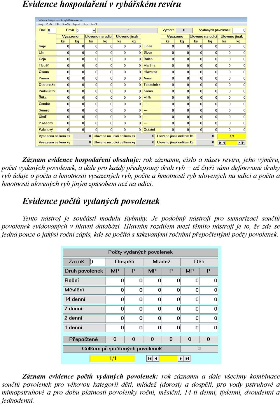 Evidence počtů vydaných povolenek Tento nástroj je součástí modulu Rybníky. Je podobný nástroji pro sumarizaci součtů povolenek evidovaných v hlavní databázi.