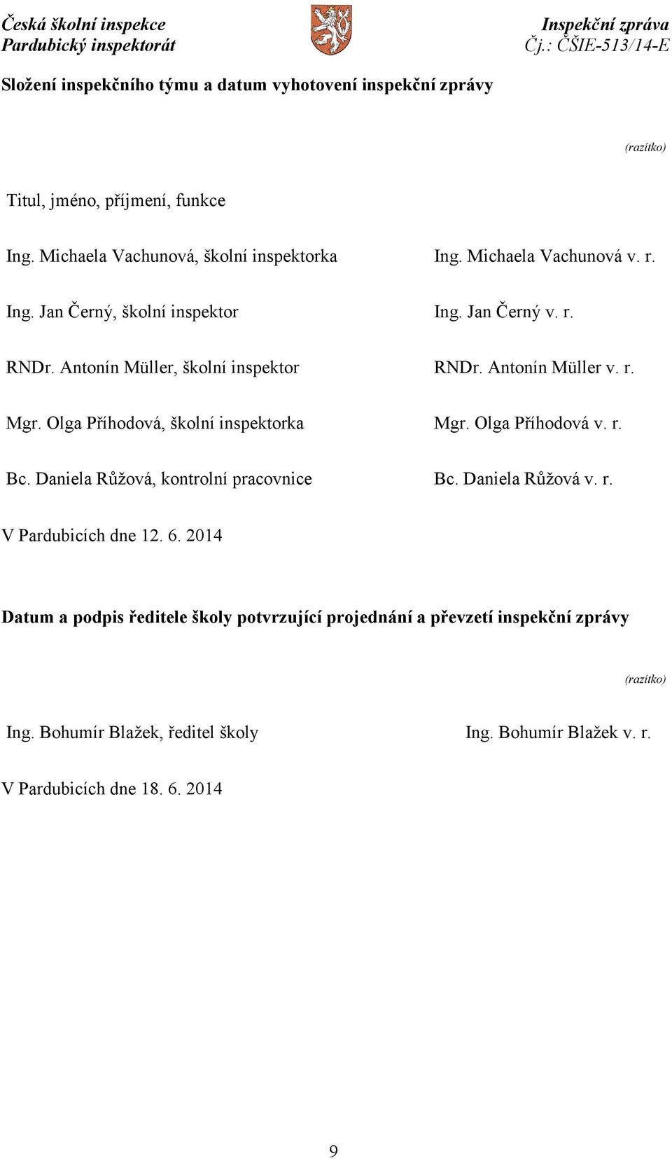 Olga Příhodová, školní inspektorka Mgr. Olga Příhodová v. r. Bc. Daniela Růžová, kontrolní pracovnice Bc. Daniela Růžová v. r. V Pardubicích dne 12. 6.