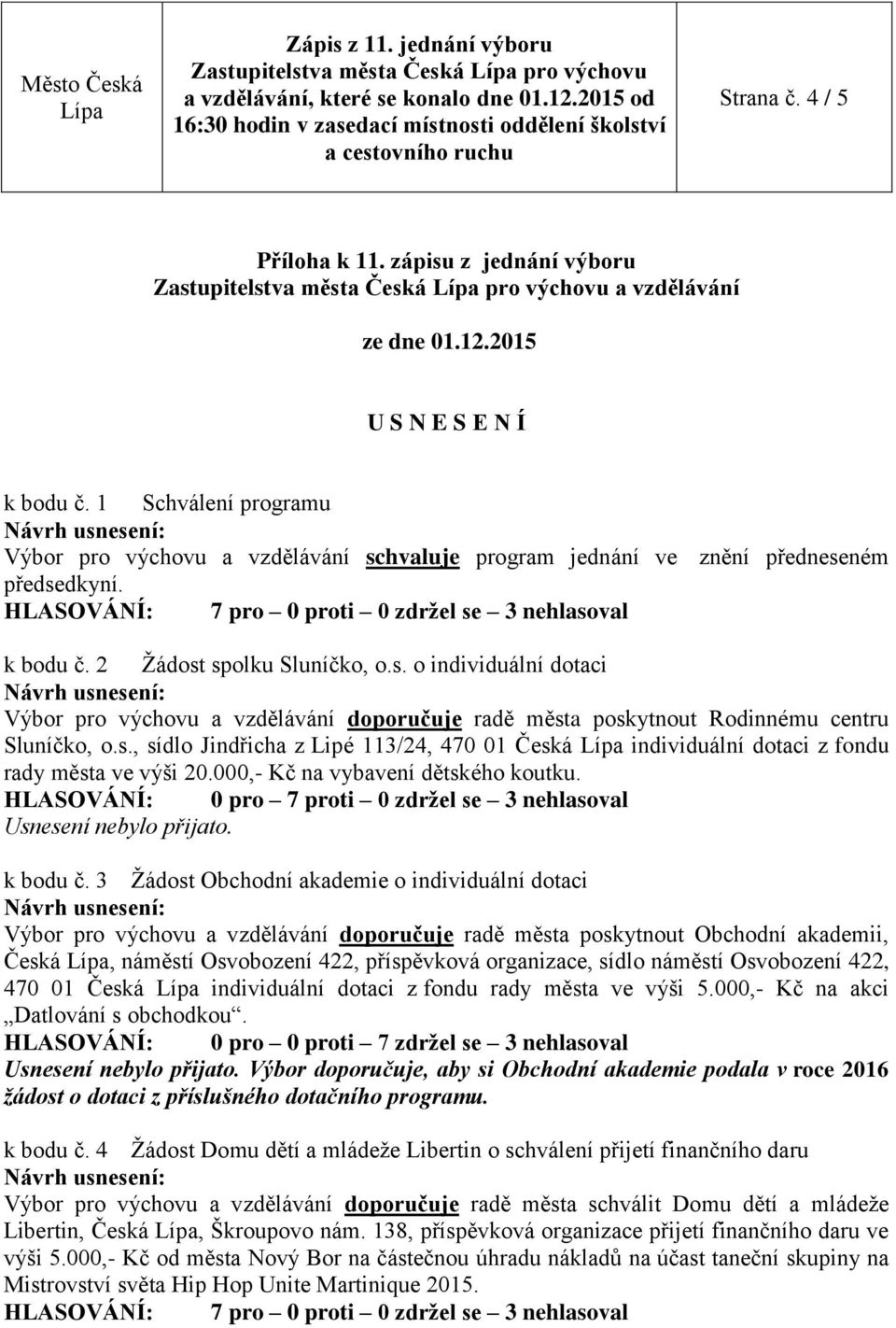 s., sídlo Jindřicha z Lipé 113/24, 470 01 Česká individuální dotaci z fondu rady města ve výši 20.000,- Kč na vybavení dětského koutku.