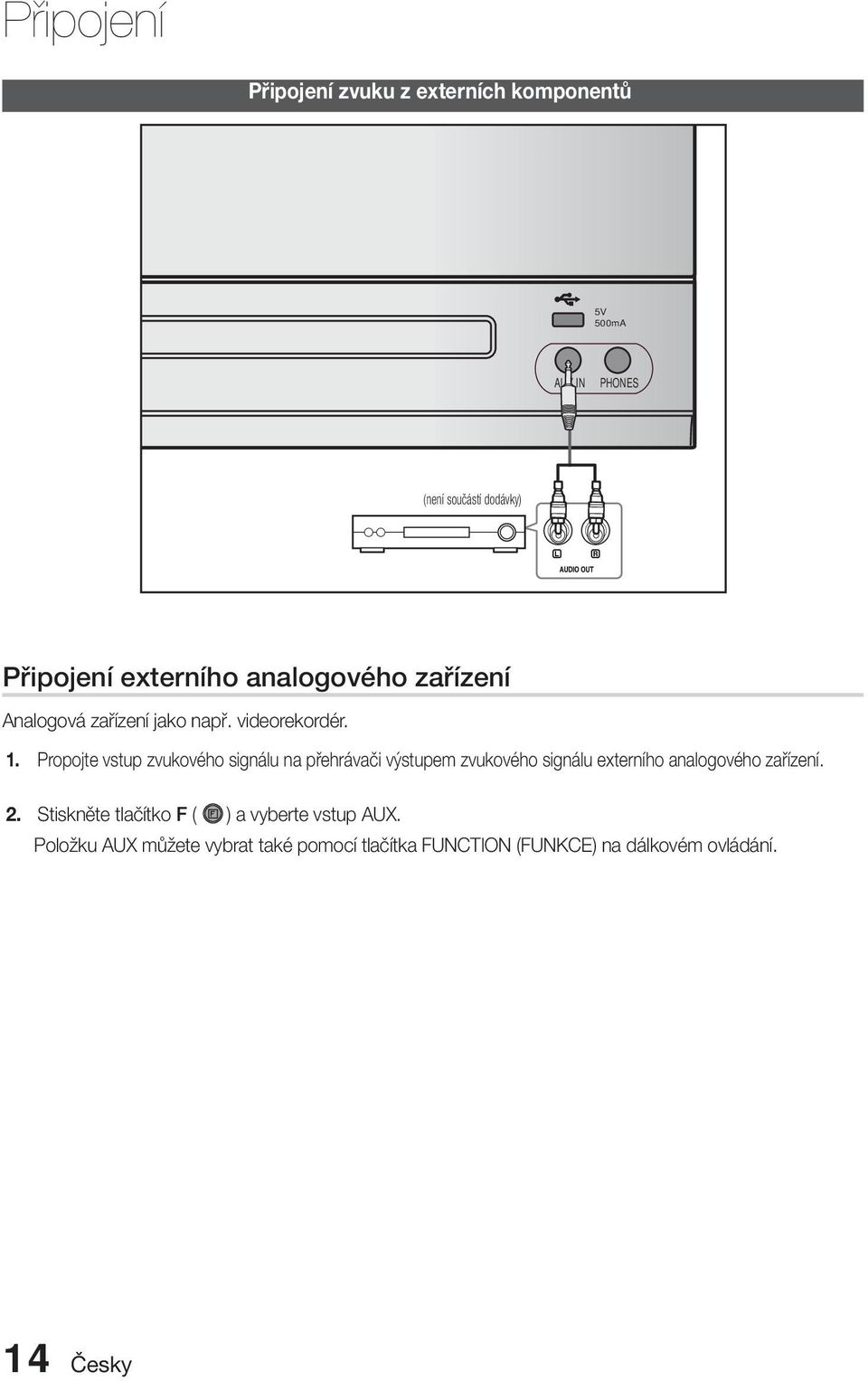 Propojte vstup zvukového signálu na přehrávači výstupem zvukového signálu externího analogového zařízení. 2.