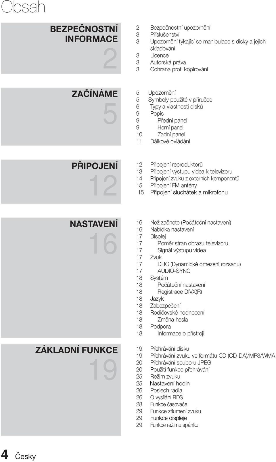 výstupu videa k televizoru 14 Připojení zvuku z externích komponentů 15 Připojení FM antény 15 Připojení sluchátek a mikrofonu NASTAVENÍ 16 ZÁKLADNÍ FUNKCE 19 16 Než začnete (Počáteční nastavení) 16