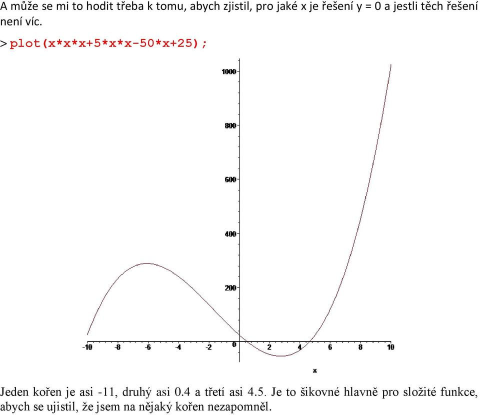 > plot(x*x*x+5*x*x-50*x+25); Jeden kořen je asi -11, druhý asi 0.